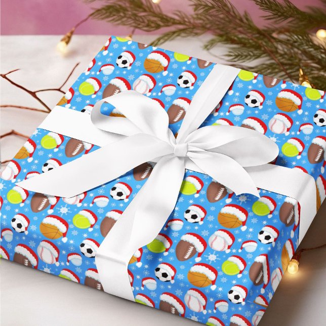 Sports Balls Wearing Santa's Hat Christmas Blue Wrapping Paper (Creator Uploaded)
