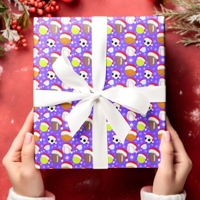 Sports Balls Wearing Santa&#39;s Hat Christmas Purple Wrapping Paper