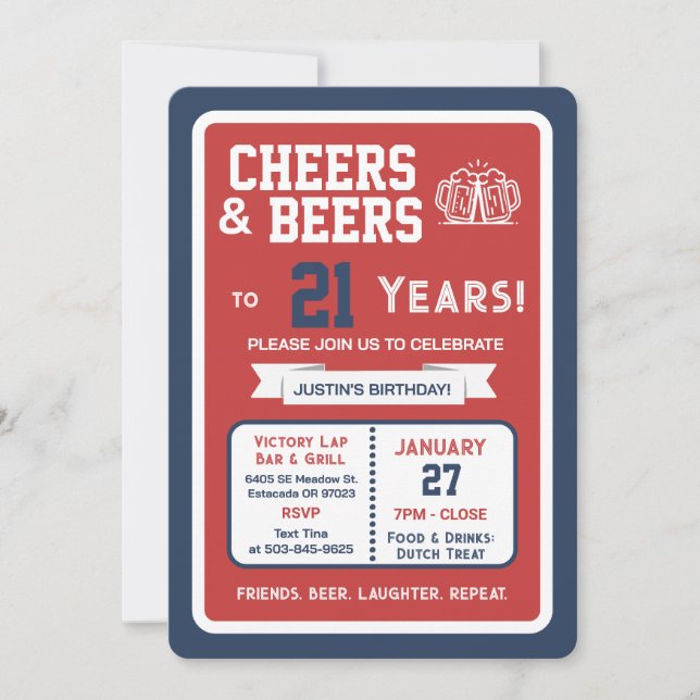 Sports Bar Birthday Cheers and Beers to 21 Years  Invitation (Front)