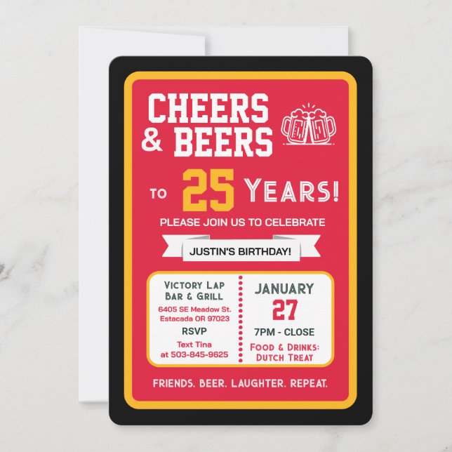 Sports Bar Birthday Cheers and Beers to 25 Years Invitation (Front)