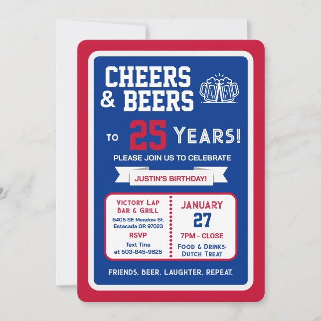 Sports Bar Birthday Cheers and Beers to 25 Years Invitation (Front)