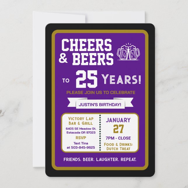 Sports Bar Birthday Cheers and Beers to 25 Years Invitation (Front)