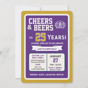 Sports Bar Birthday Cheers and Beers to 25 Years  Invitation