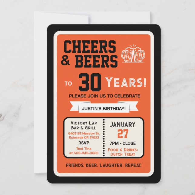 Sports Bar Birthday Cheers and Beers to 30 Years  Invitation (Front)