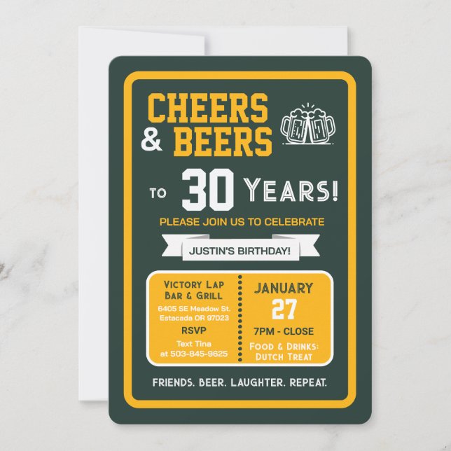 Sports Bar Birthday Cheers and Beers to 30 Years Invitation (Front)