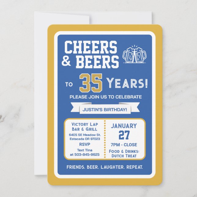 Sports Bar Birthday Cheers and Beers to 35 Years  Invitation (Front)