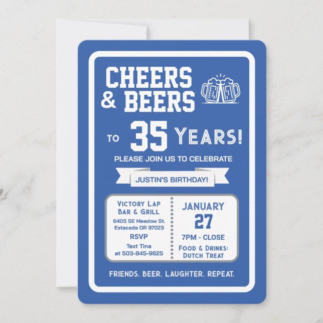 Sports Bar Birthday Cheers and Beers to 35 Years  Invitation (Front)