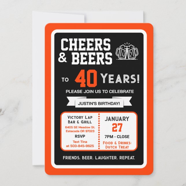 Sports Bar Birthday Cheers and Beers to 40 Years  Invitation (Front)