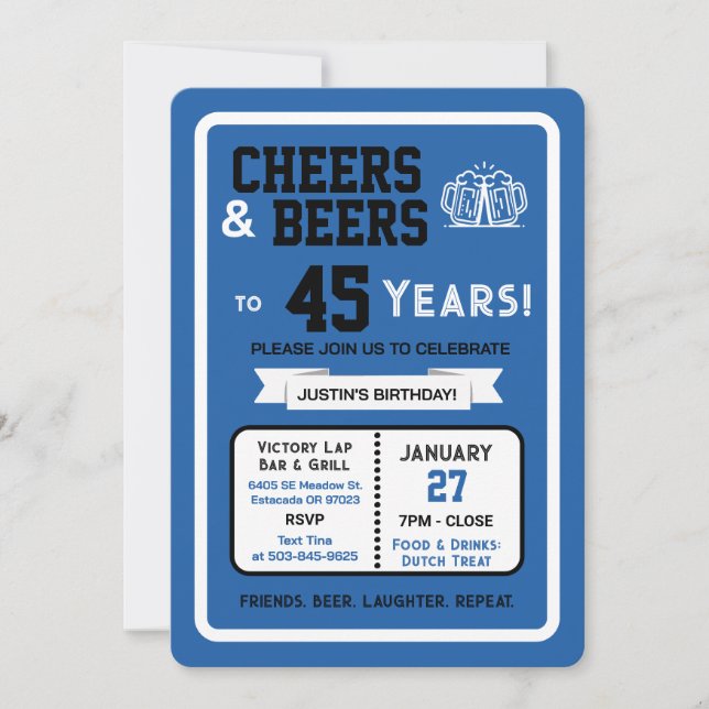 Sports Bar Birthday Cheers and Beers to 45 Years  Invitation (Front)