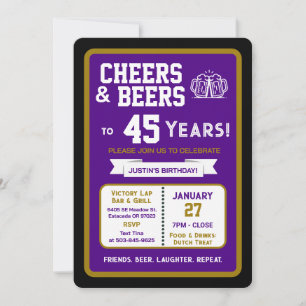 Sports Bar Birthday Cheers and Beers to 45 Years Invitation