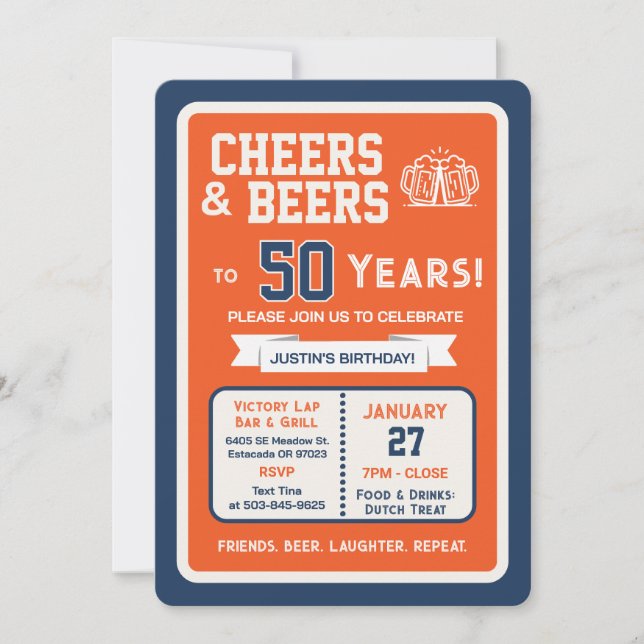 Sports Bar Birthday Cheers and Beers to 50 Years Invitation (Front)