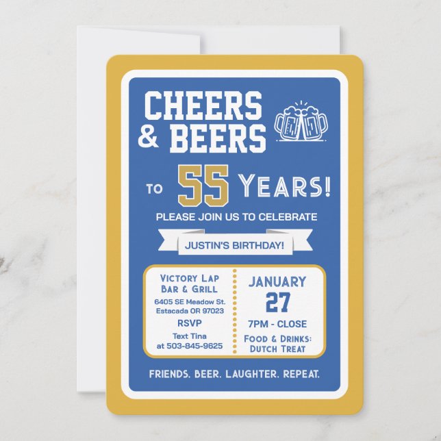 Sports Bar Birthday Cheers and Beers to 55 Years  Invitation (Front)