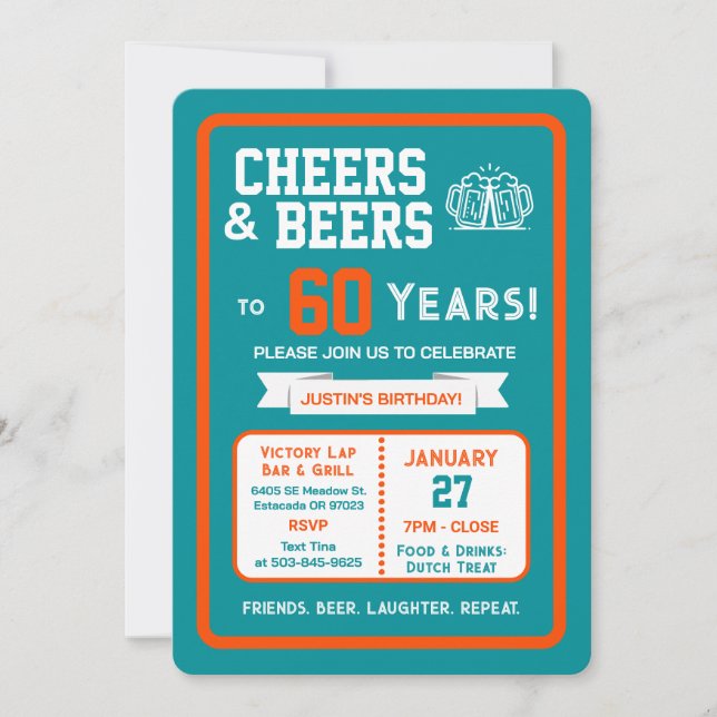 Sports Bar Birthday Cheers and Beers to 60 Years Invitation (Front)