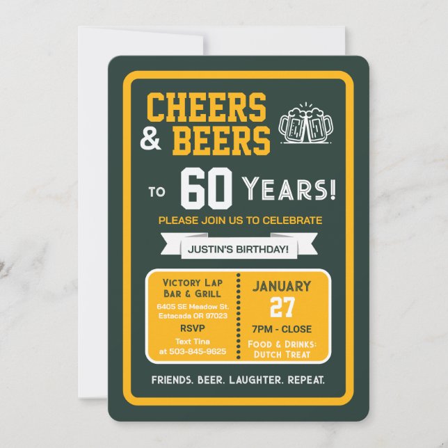 Sports Bar Birthday Cheers and Beers to 60 Years Invitation (Front)