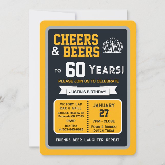 Sports Bar Birthday Cheers and Beers to 60 Years Invitation (Front)