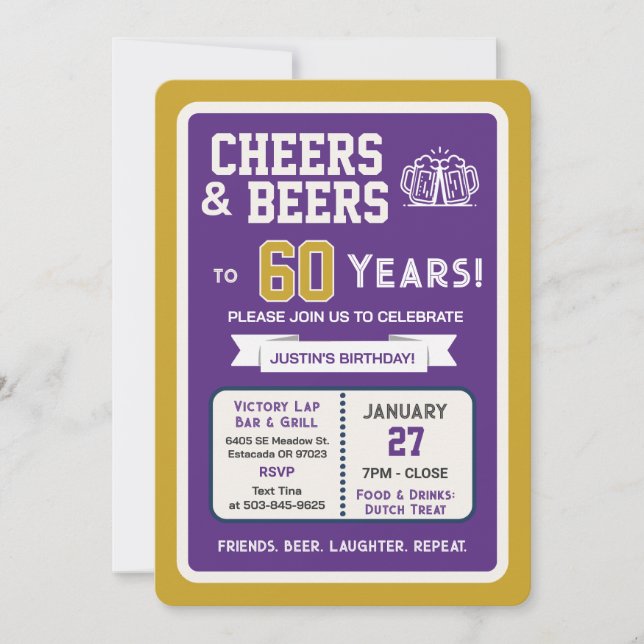 Sports Bar Birthday Cheers and Beers to 60 Years Invitation (Front)