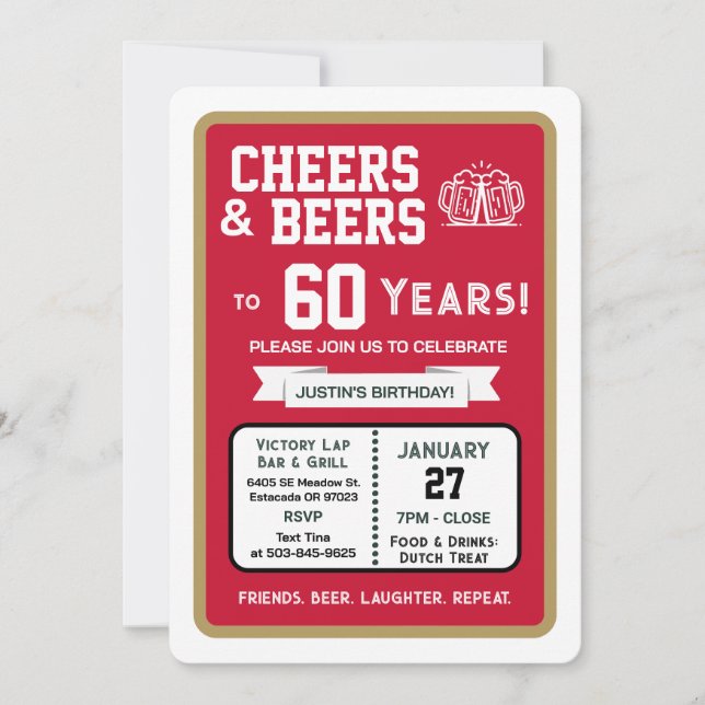 Sports Bar Birthday Cheers and Beers to 60 Years Invitation (Front)