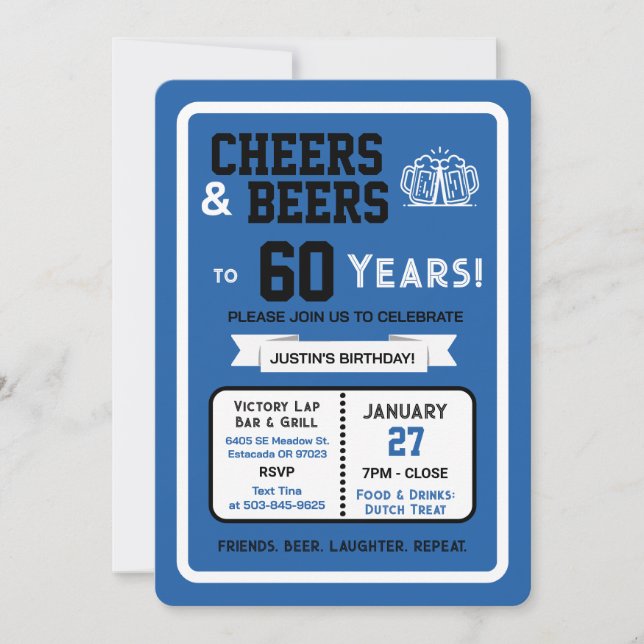 Sports Bar Birthday Cheers and Beers to 60 Years  Invitation (Front)