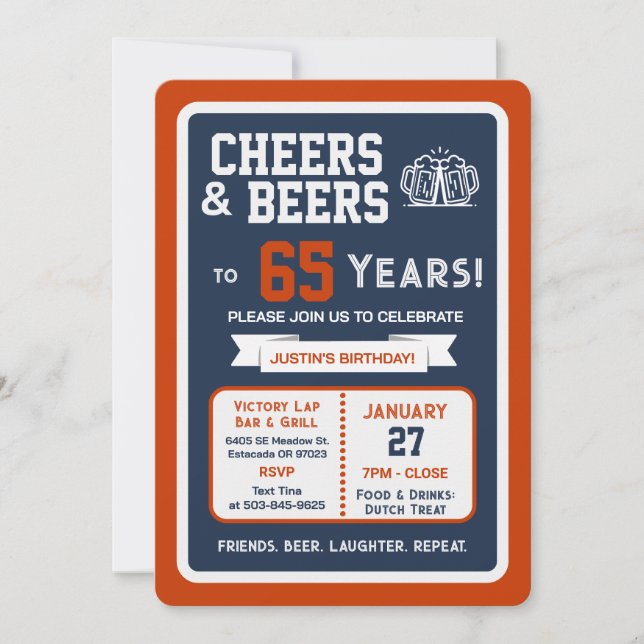 Sports Bar Birthday Cheers and Beers to 65 Years Invitation (Front)