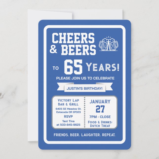Sports Bar Birthday Cheers and Beers to 65 Years  Invitation (Front)