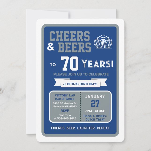 Sports Bar Birthday Cheers and Beers to 70 Years Invitation (Front)