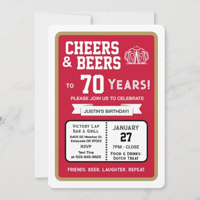 Sports Bar Birthday Cheers and Beers to 70 Years Invitation (Front)
