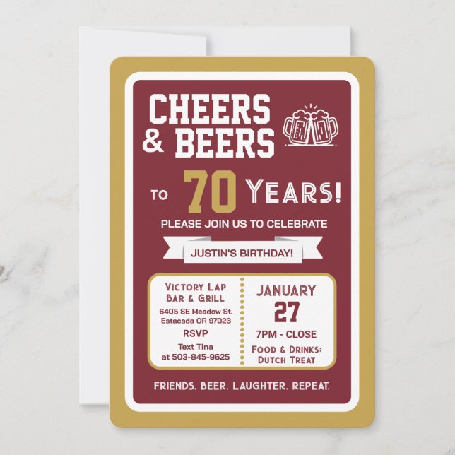Sports Bar Birthday Cheers and Beers to 70 Years  Invitation (Front)