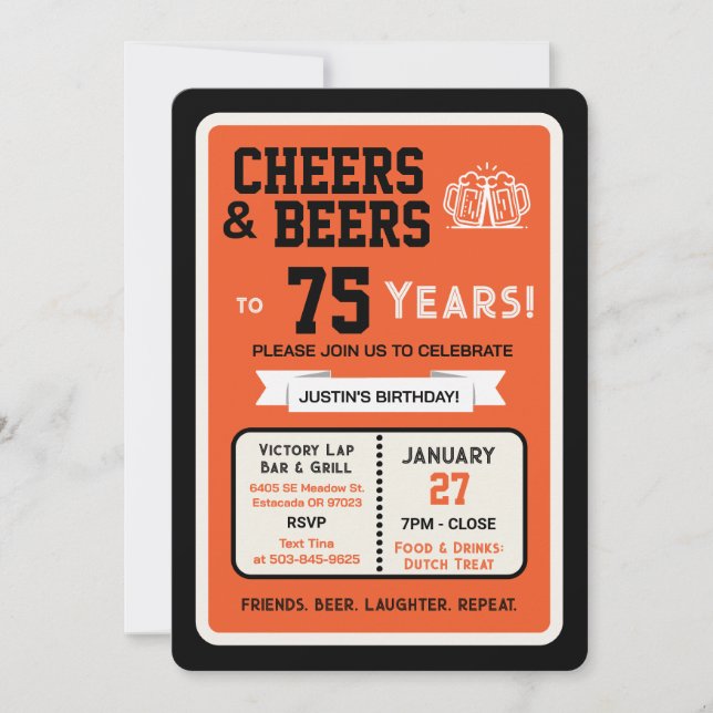 Sports Bar Birthday Cheers and Beers to 75 Years  Invitation (Front)