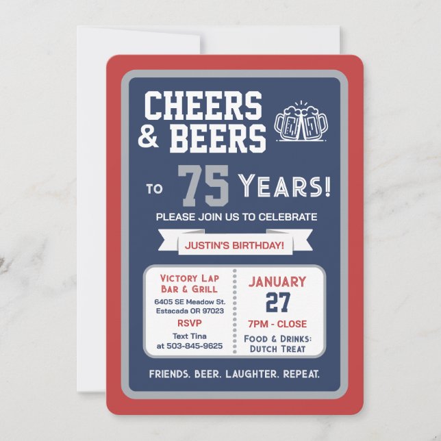 Sports Bar Birthday Cheers and Beers to 75 Years  Invitation (Front)