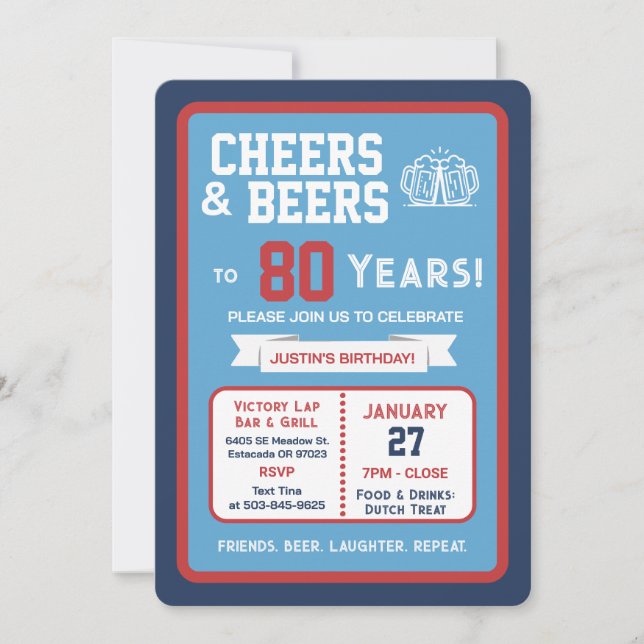 Sports Bar Birthday Cheers and Beers to 80 Years  Invitation (Front)