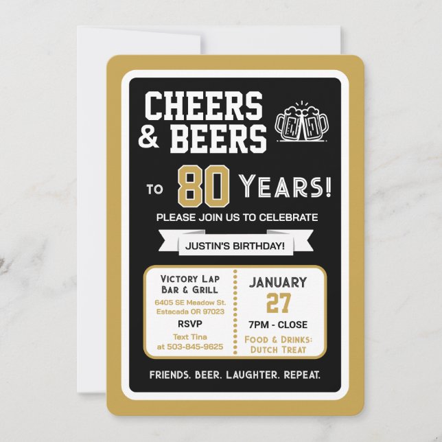 Sports Bar Birthday Cheers and Beers to 80 Years  Invitation (Front)