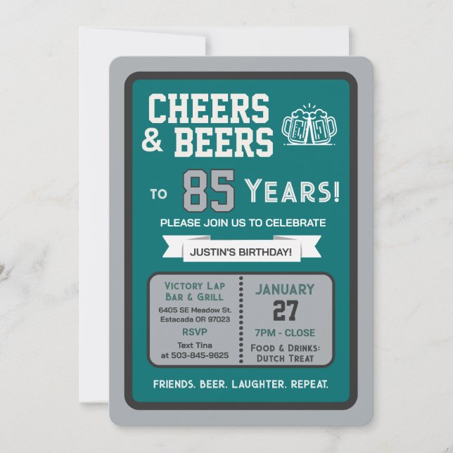 Sports Bar Birthday Cheers and Beers to 85 Years  Invitation (Front)