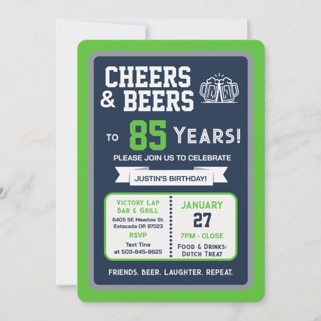 Sports Bar Birthday Cheers and Beers to 85 Years Invitation (Front)