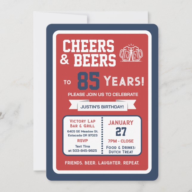 Sports Bar Birthday Cheers and Beers to 85 Years Invitation (Front)