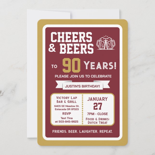 Sports Bar Birthday Cheers and Beers to 90 Years  Invitation (Front)