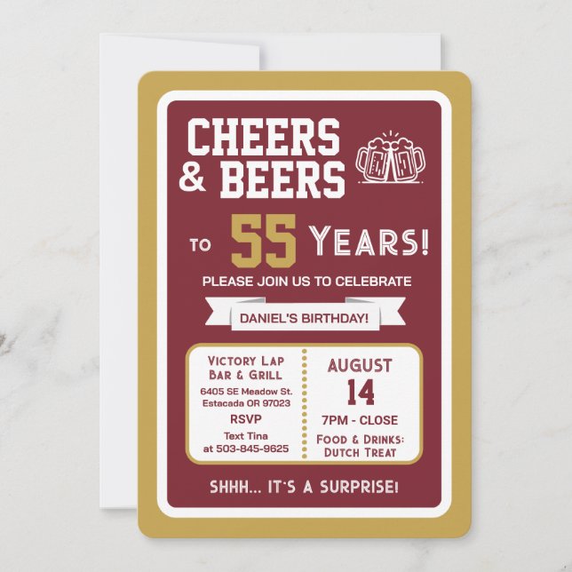 Sports Bar Surprise Party Cheers to 55 Years Invitation (Front)