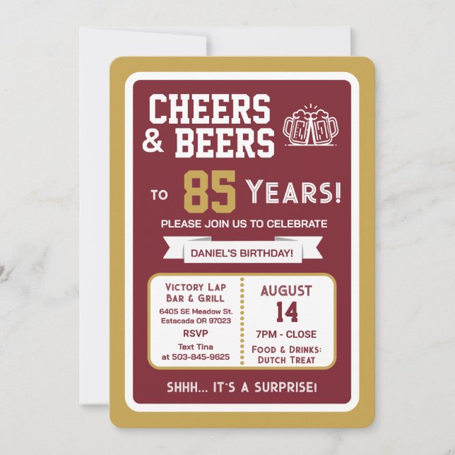 Sports Bar Surprise Party Cheers to 85 Years Invitation (Front)