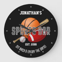 Sports Bar w Sports Equipment Round Wall Clocks