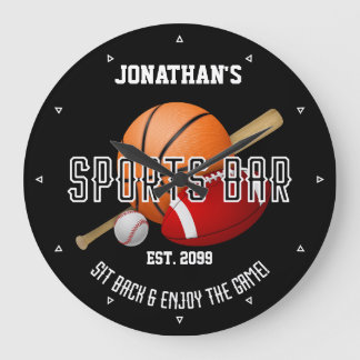 Sports Bar w Sports Equipment Round Wall Clocks