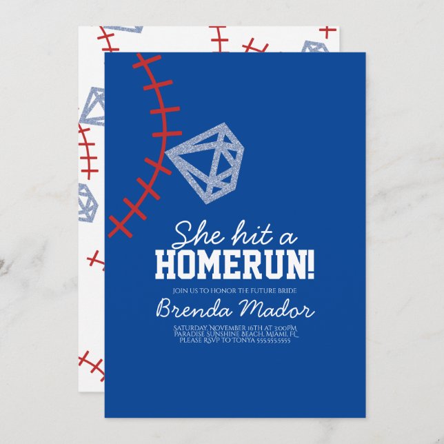 Sports Baseball Homerun Glitter Bridal Shower Blue Invitation (Front/Back)