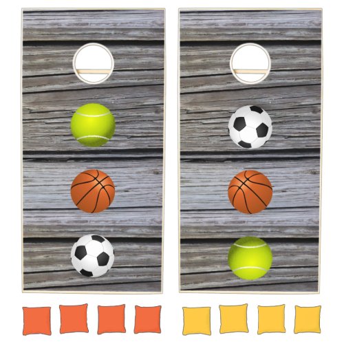 Sports Basketball Soccer Tennis Ball Faux Wood Cornhole Set