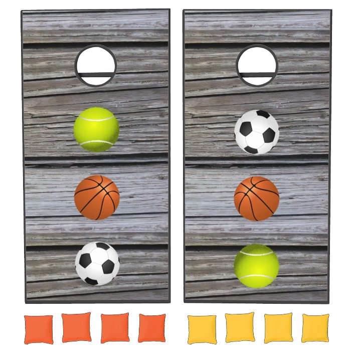 Sports Basketball Soccer Tennis Ball Faux Wood Cornhole Set Zazzle Com