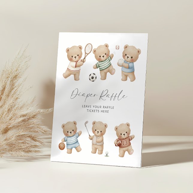 Sports bear baby shower diaper raffle sign (sports bear diaper raffle sign)