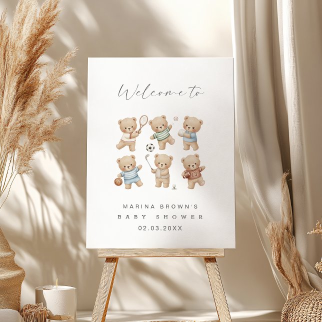Sports bear baby shower welcome sign (bear playing sport welcome sign)