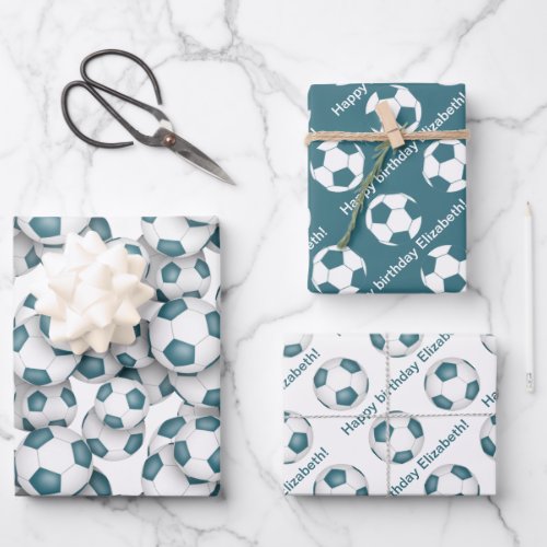 sports birthday gifting set teal white soccer wrapping paper sheets