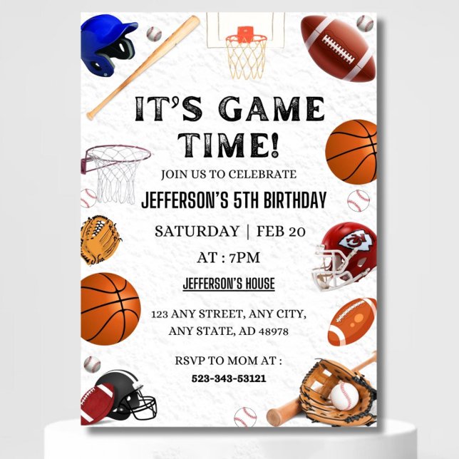 Sports Birthday Invitation Baseball Basketball Foo (Creator Uploaded)