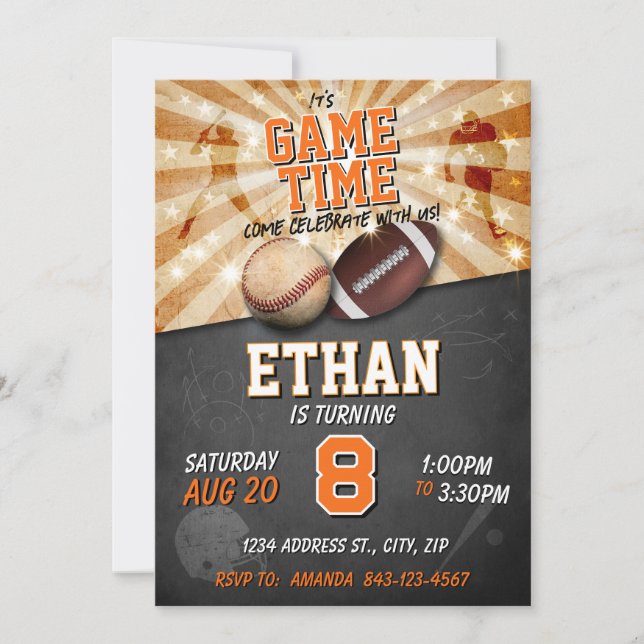 Sports birthday invitation Baseball Football (Front)