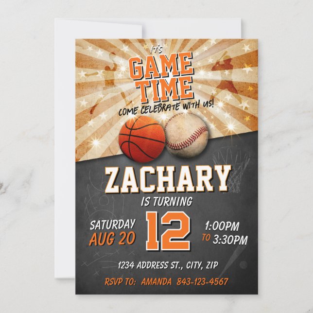 Sports birthday invitation Basketball Baseball (Front)
