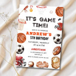 Sports Birthday Invitation, Basketball Football Invitation<br><div class="desc">It’s game time! This sporty birthday invite is a winning choice for any little boy who loves the game. Whether he’s into baseball,  basketball,  or football,  this invite sets the tone for a fun,  active celebration. Customize with your child’s name and party details in just a few clicks.</div>