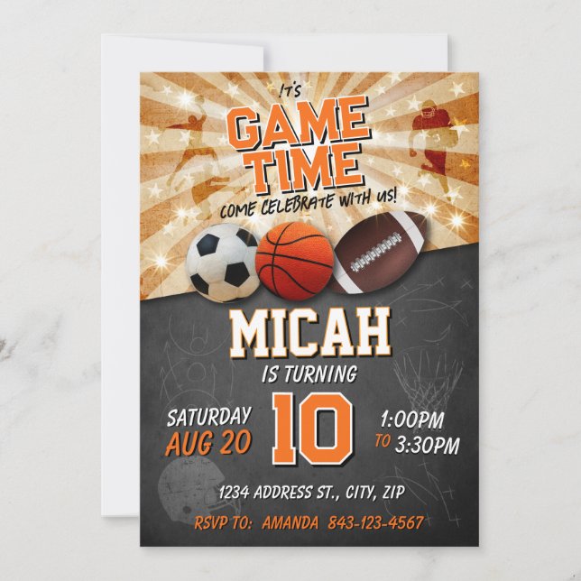 Sports birthday invite Soccer Basketball Football (Front)